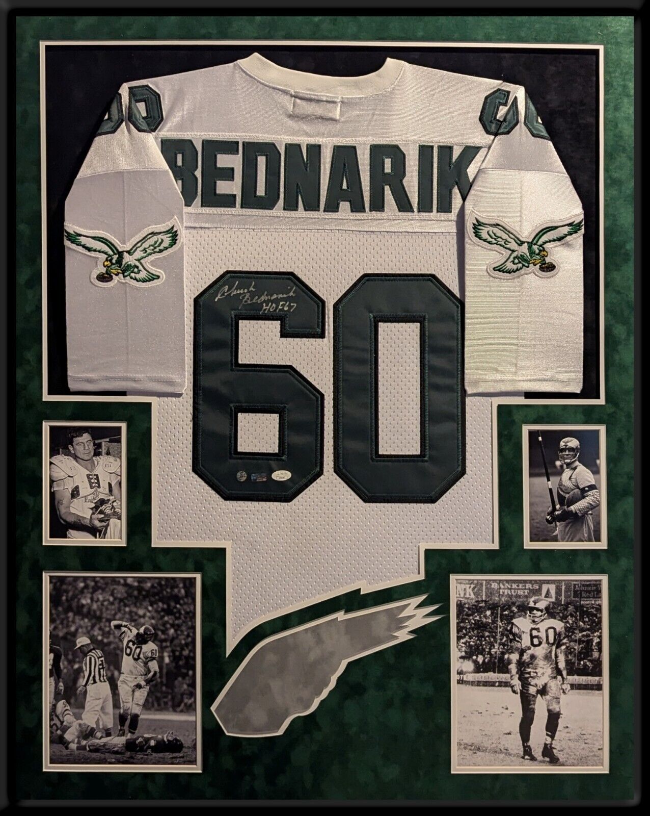 Suede Framed Chuck Bednarik Autographed Philadelphia Eagles Jersey Jsa Coa