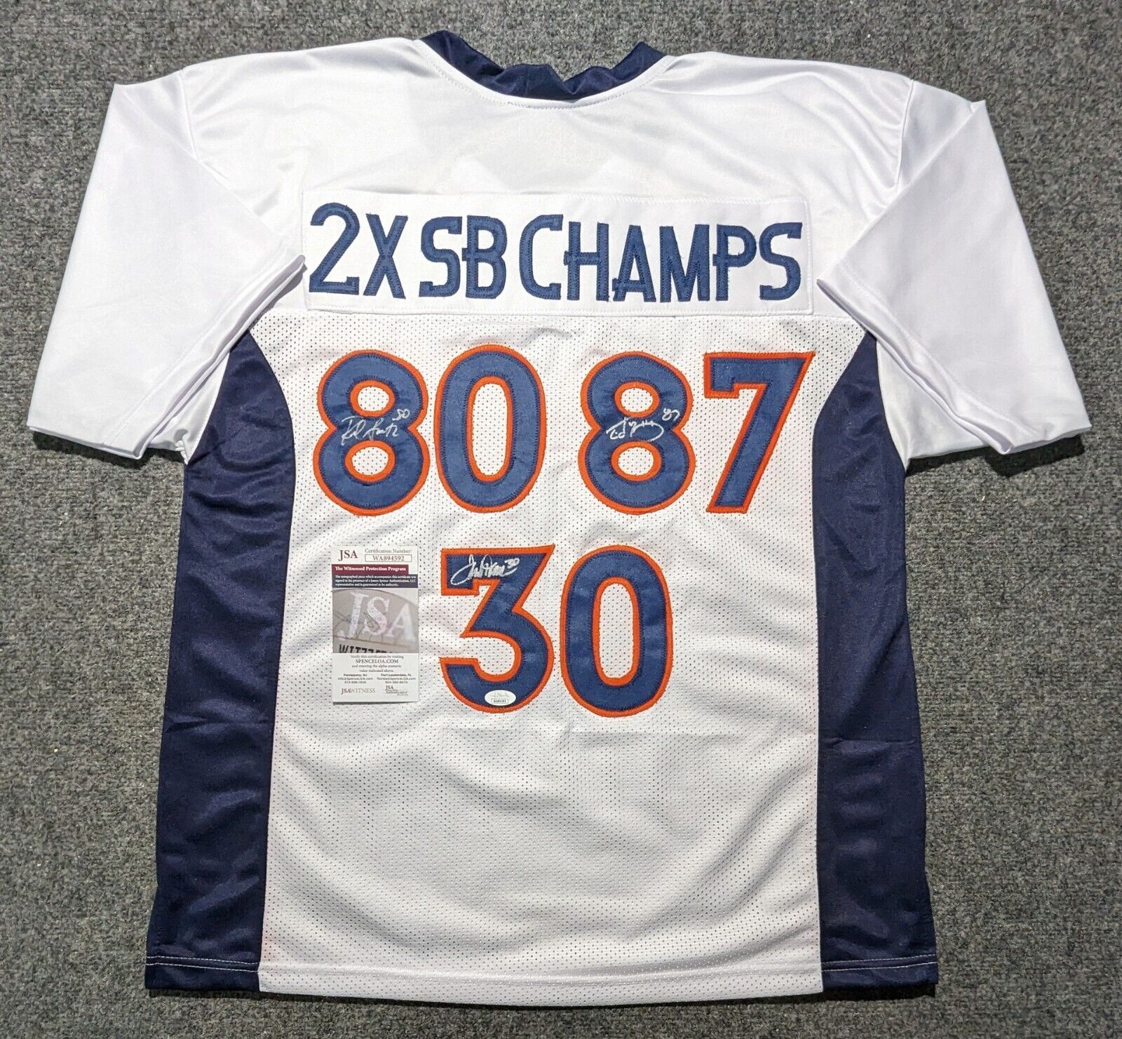 Denver Broncos '2X Sb Champs' 3X Autographed Davis, Mccaffrey, Smith Jersey  Jsa