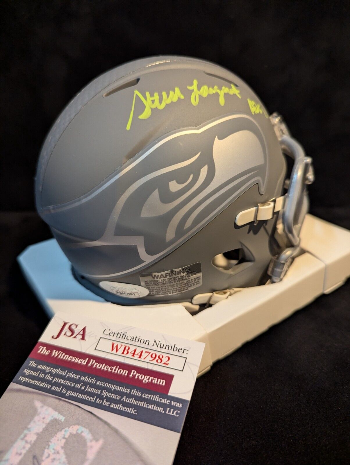 Seattle Seahawks Steve Largent Signed Inscribed Slate Mini Helmet Jsa Coa