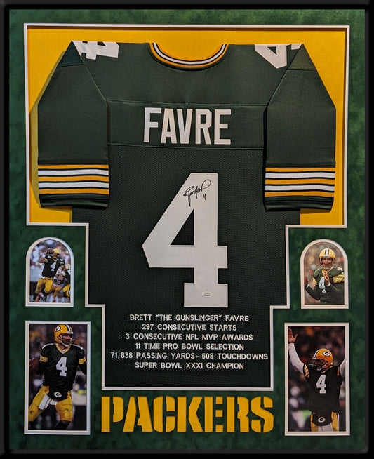 Suede Framed Green Bay Packers Brett Favre Autographed Signed Stat Jersey Jsa