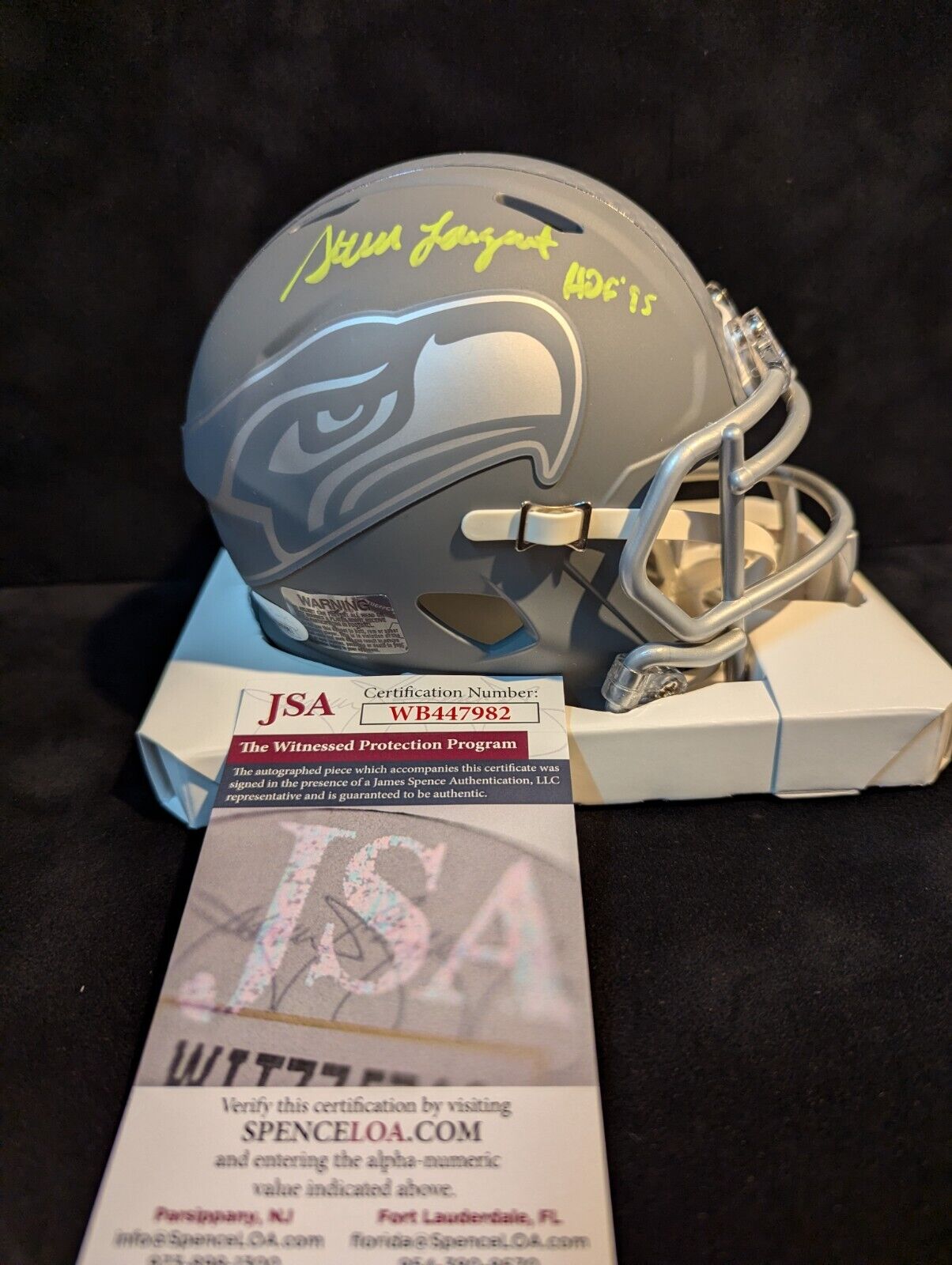 Seattle Seahawks Steve Largent Signed Inscribed Slate Mini Helmet Jsa Coa