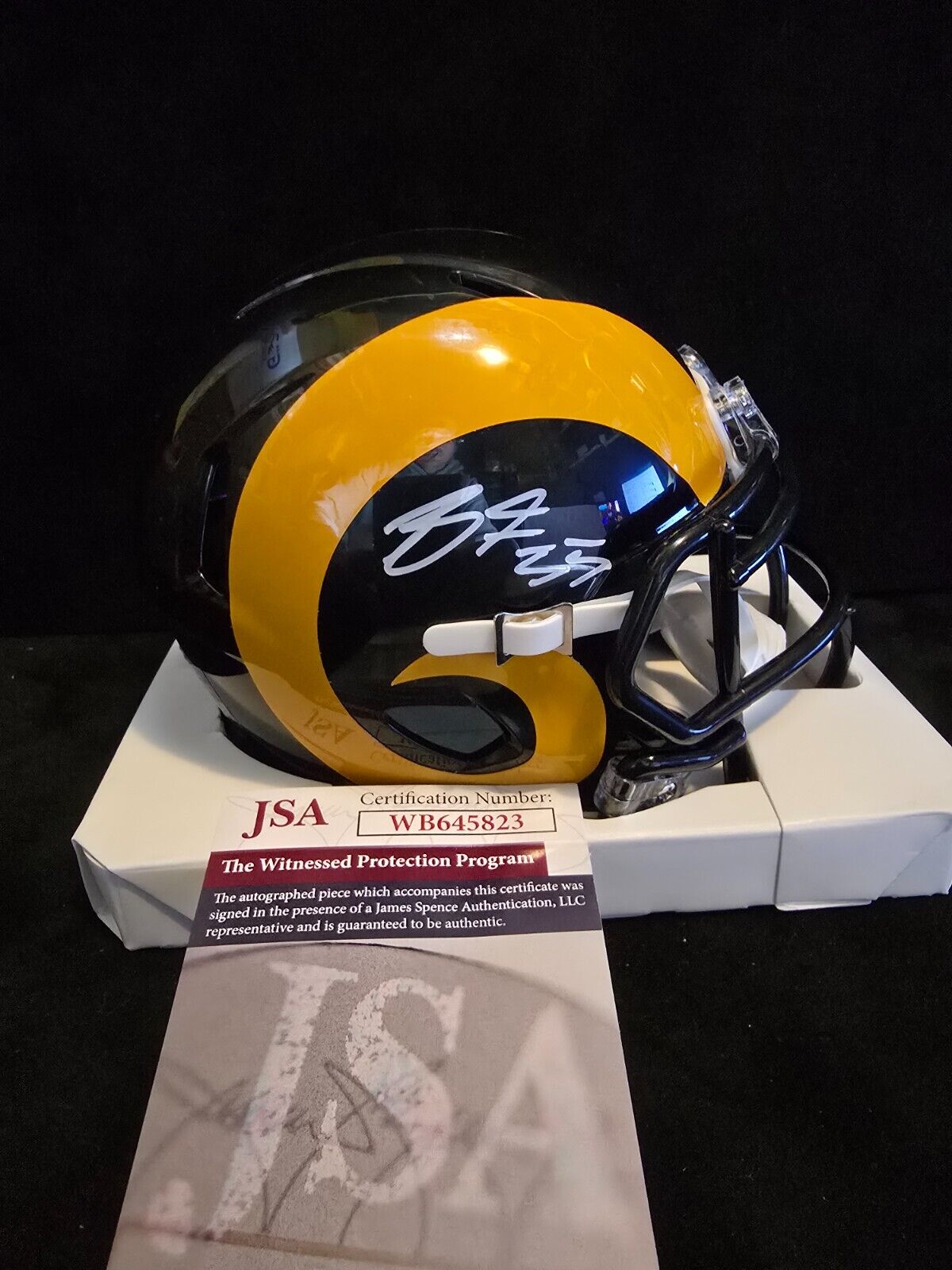 Los Angeles Rams Braden Fiske Autographed Throwback Speed Mini Helmet Jsa Coa