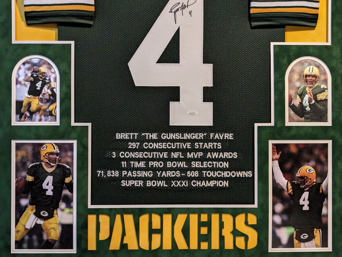 Suede Framed Green Bay Packers Brett Favre Autographed Signed Stat Jersey Jsa