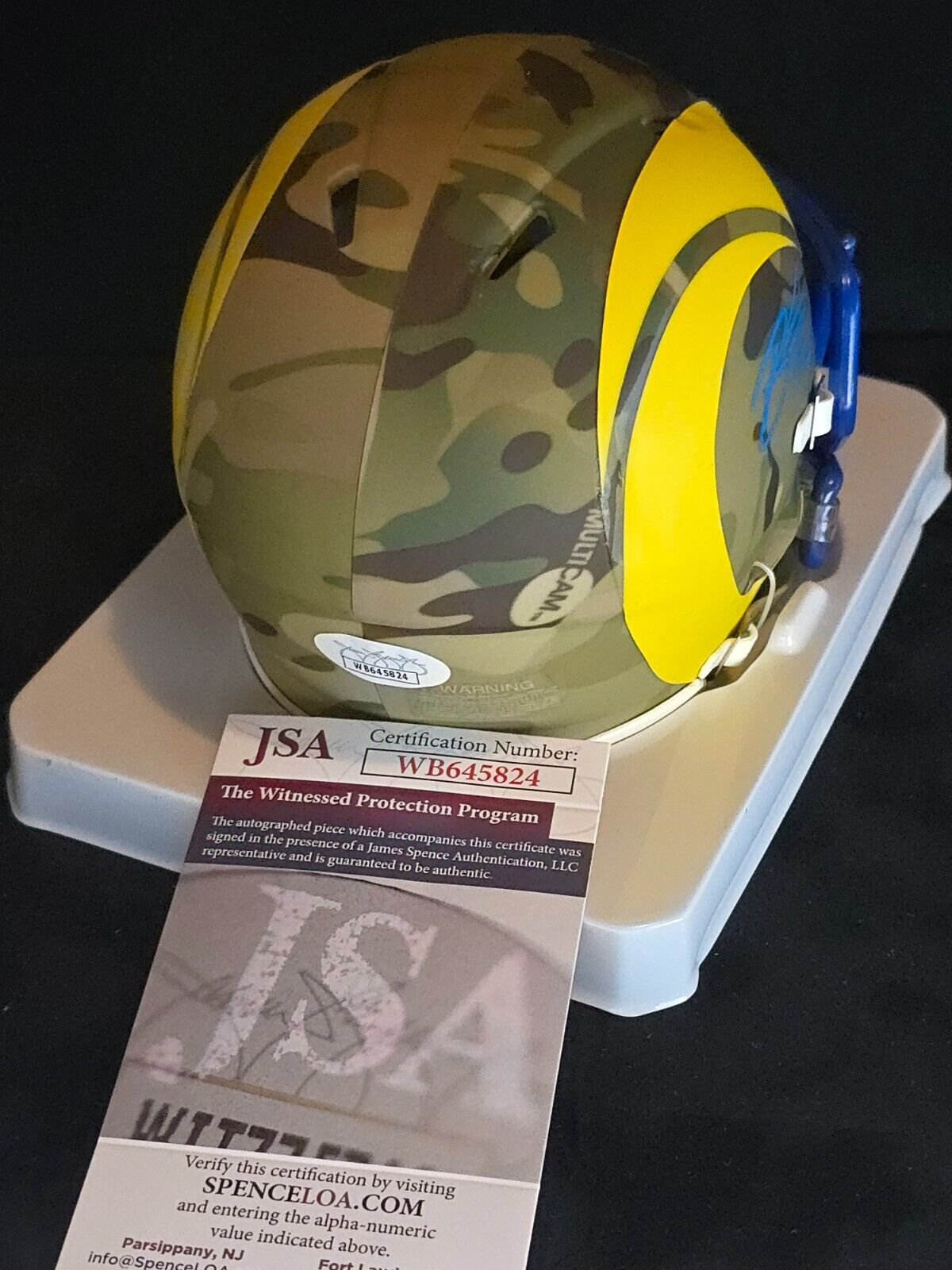 Los Angeles Rams Braden Fiske Autographed Camo Speed Mini Helmet Jsa Coa