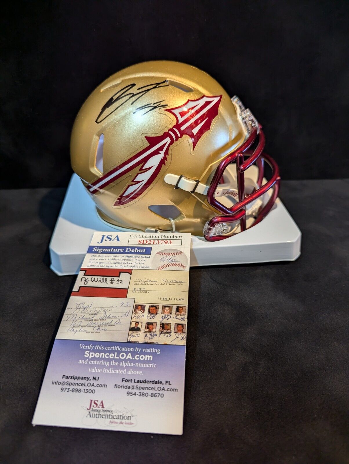 Florida State Seminoles Braden Fiske Autographed Signed Speed Mini Helmet Jsa