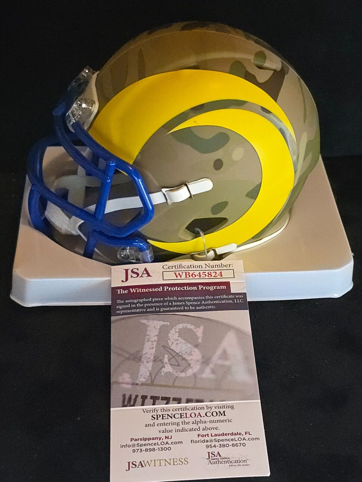 Los Angeles Rams Braden Fiske Autographed Camo Speed Mini Helmet Jsa Coa