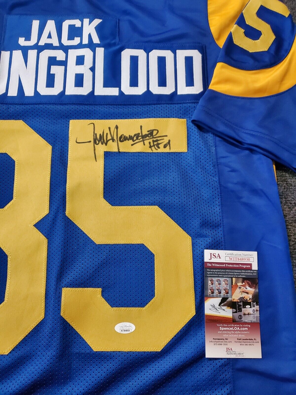 Jack Youngblood Signed Rams 31x35 Custom Framed Jersey Inscribed HOF 01  (JSA COA)