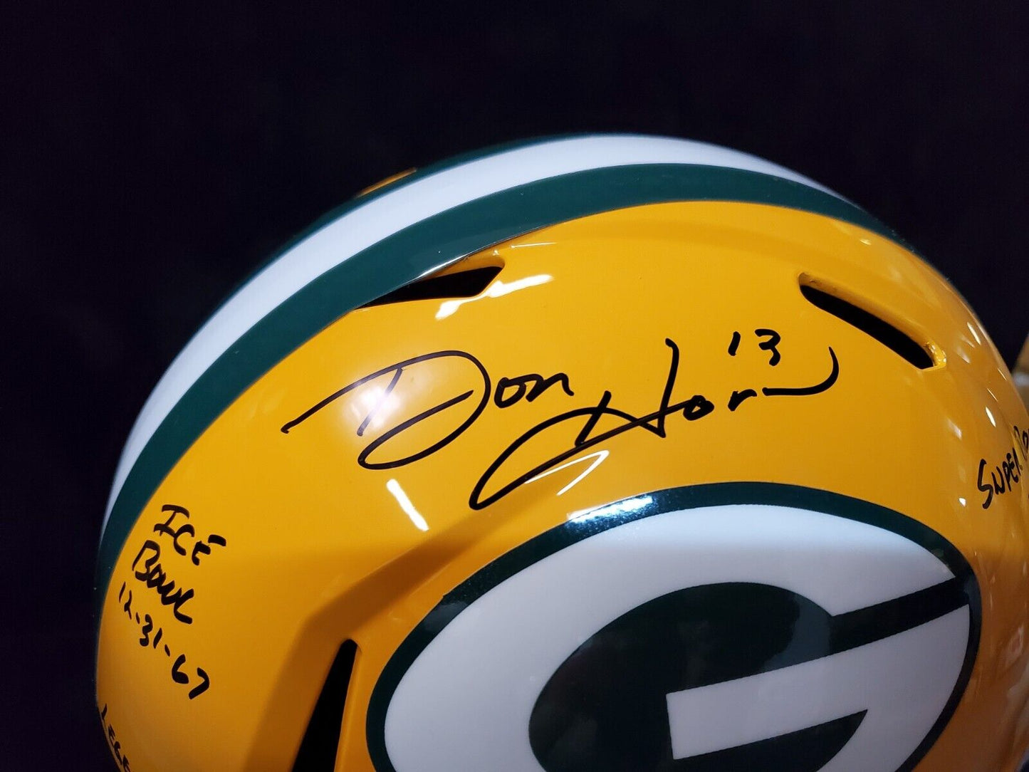 Green Bay Packers Don Horn Signed 4X Insc Full Size Speed Replica Helmet Jsa