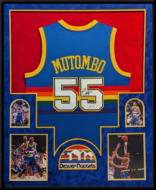 Suede Framed Denver Nuggets Dikembe Mutombo Signed Autographed Jersey Psa Coa