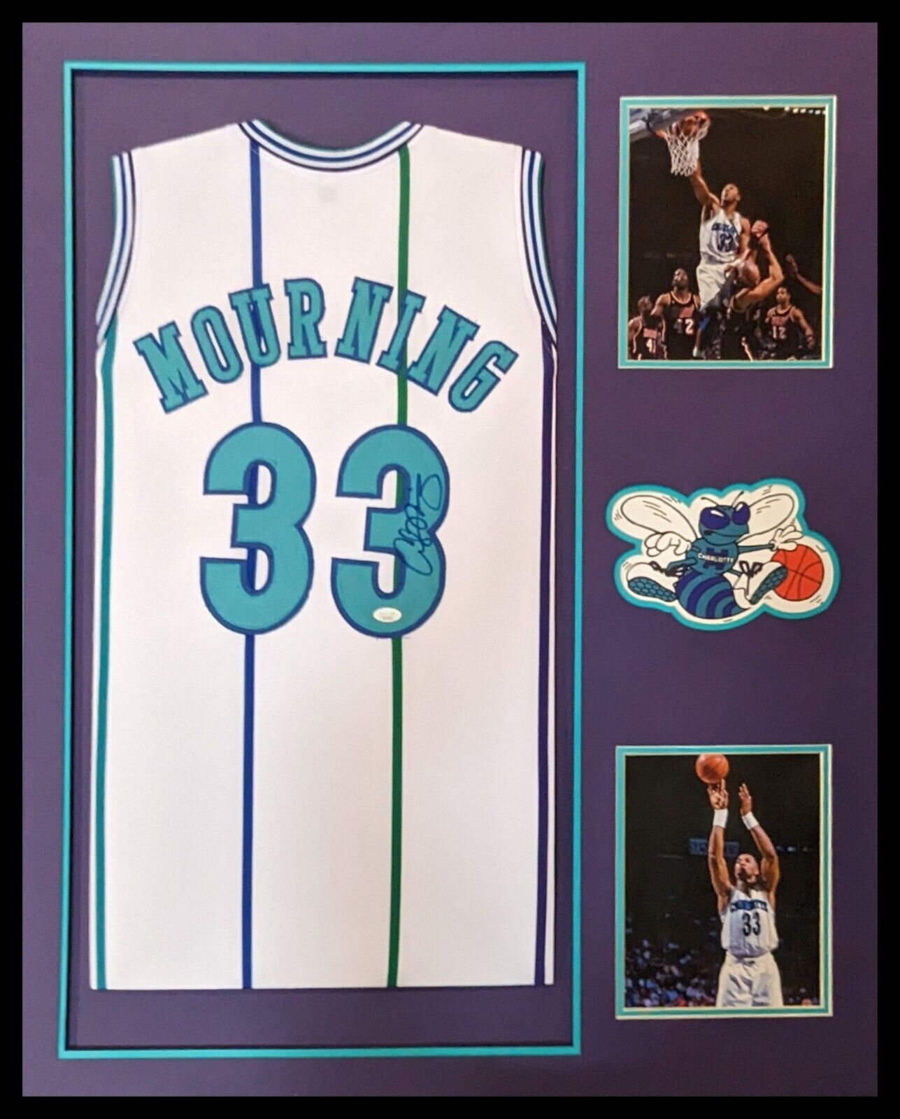 MVP Authentics Framed Charlotte Hornets Alonzo Mourning Signed Jersey Jsa Coa 540 sports jersey framing , jersey framing