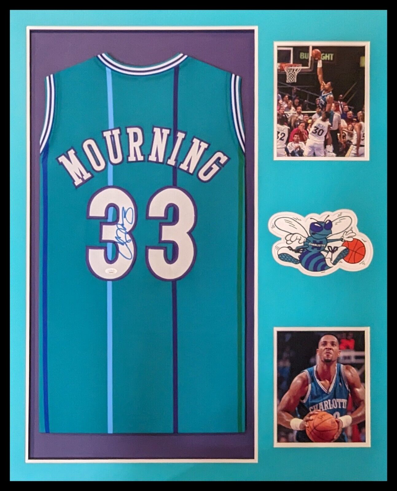 MVP Authentics Framed Charlotte Hornets Alonzo Mourning Signed Jersey Jsa Coa 540 sports jersey framing , jersey framing