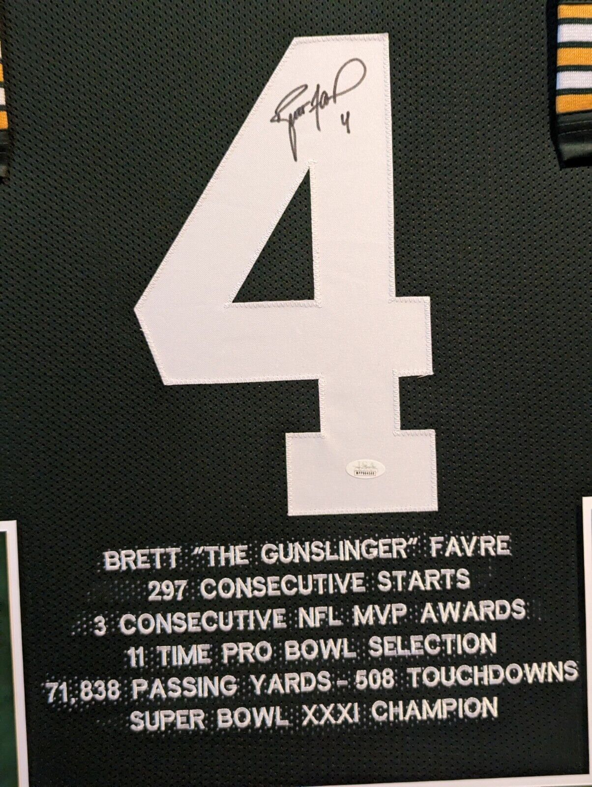 Suede Framed Green Bay Packers Brett Favre Autographed Signed Stat Jersey Jsa