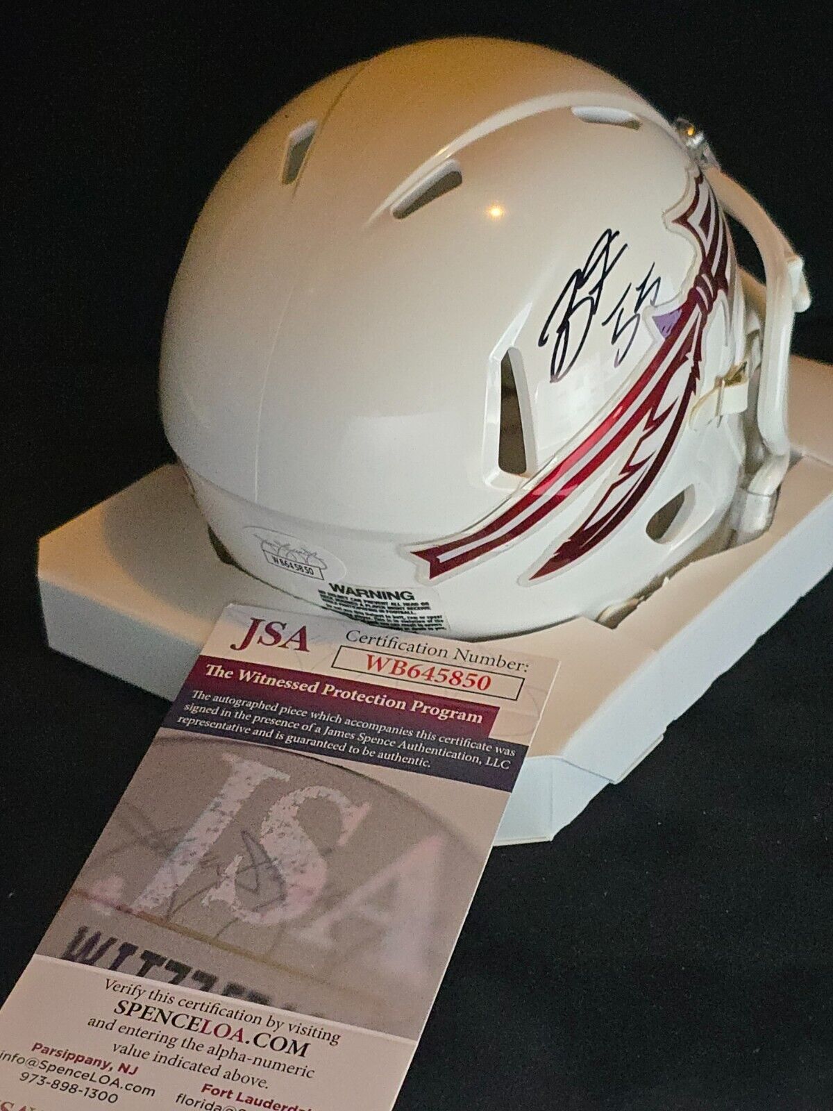 Florida State Seminoles Braden Fiske Autographed White Speed Mini Helmet Jsa