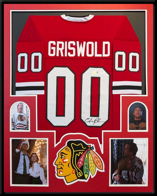 Framed Chicago Blackhawks Xmas Vacation Chevy Chase Signed Jersey Beckett Coa