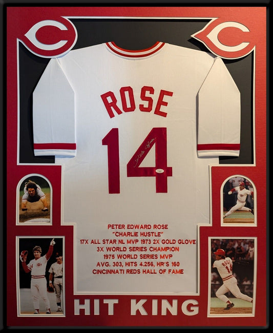 Framed Cincinnati Reds Rose Autographed Signed Stat Jersey Jsa Coa