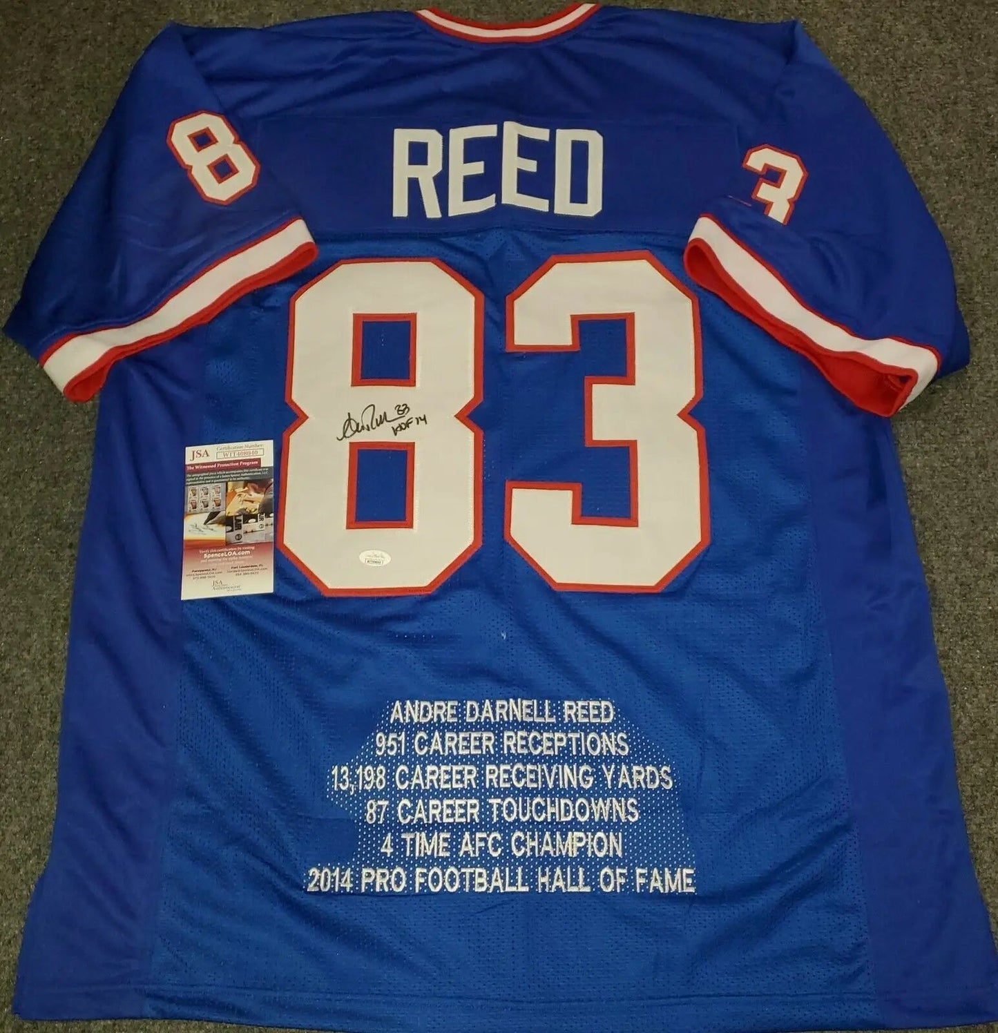 Andre Reed Buffalo Bills Signed Autographed Blue Custom Jersey JSA