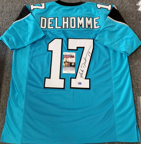 Jake Delhomme Signed 34x42 Custom Framed Jersey Display (JSA COA)