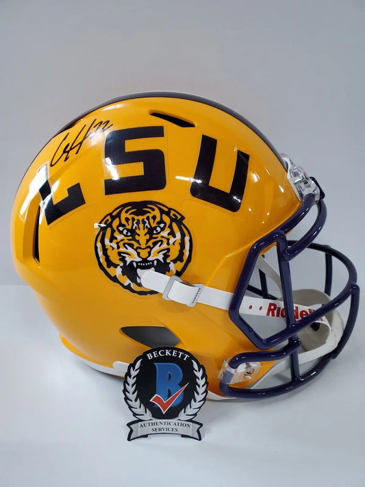 MVP Authentics Clyde Edwards Helaire Signed Lsu Tigers Full Size Replica Helmet Beckett Coa 332.10 sports jersey framing , jersey framing