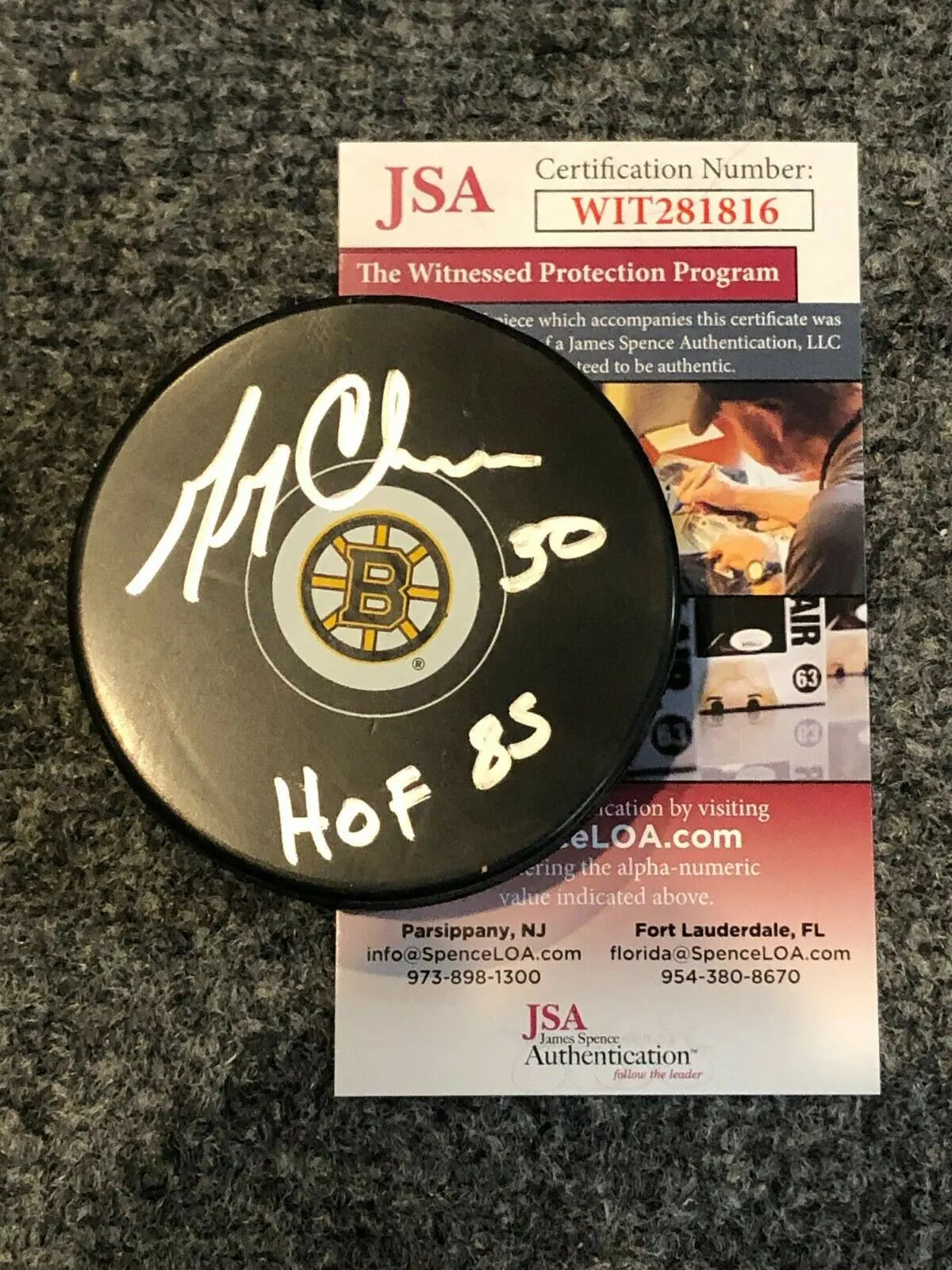 MVP Authentics GERRY CHEEVERS AUTOGRAPHED SIGNED INSCRIBED BOSTON BRUINS LOGO PUCK JSA COA 36 sports jersey framing , jersey framing