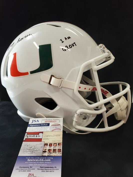 MVP Authentics Greg Rousseau Signed Inscribed Miami Hurricanes Full Size Replica Helmet Jsa Coa 287.10 sports jersey framing , jersey framing