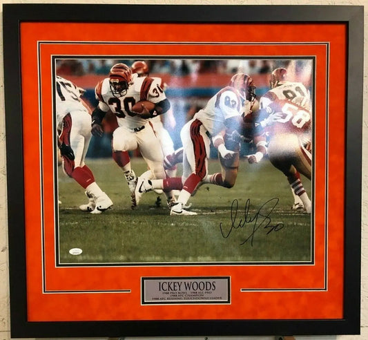 MVP Authentics Ickey Woods Framed Signed Cincinnati Bengals 16X20 Photo Jsa Coa 170.10 sports jersey framing , jersey framing