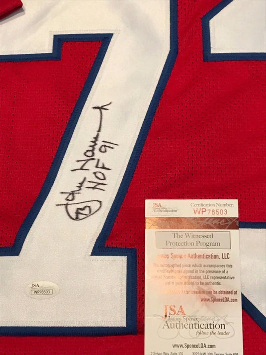 Autographed/Signed John Hannah HOF 91 New England Red Football Jersey JSA  COA