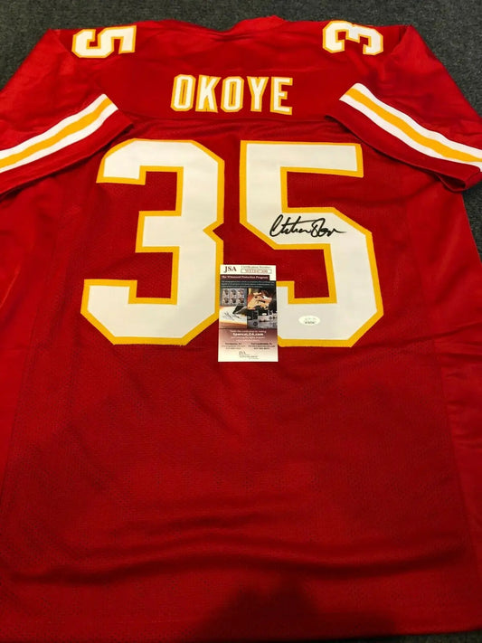 Christian Okoye Autographed Kansas City Custom Red Football Jersey - BAS