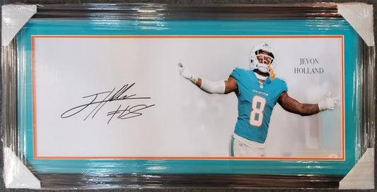 MVP Authentics Miami Dolphins Jevon Holland Framed Signed 42X18 Panoramic Photo Jsa Coa 405 sports jersey framing , jersey framing