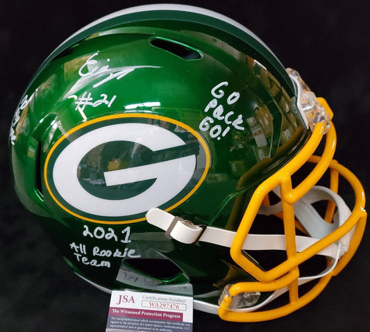 MVP Authentics Green Bay Packers Eric Stokes Signed 3X Insc Full Size Flash Replica Helmet Jsa 247.50 sports jersey framing , jersey framing