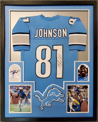 FRAMED Autographed/Signed CALVIN JOHNSON 33x42 HOF 21 Black Jersey