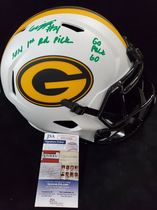 MVP Authentics Green Bay Packers Eric Stokes Signed 2X Insc F/S Lunar Replica Helmet Jsa Coa 274.50 sports jersey framing , jersey framing