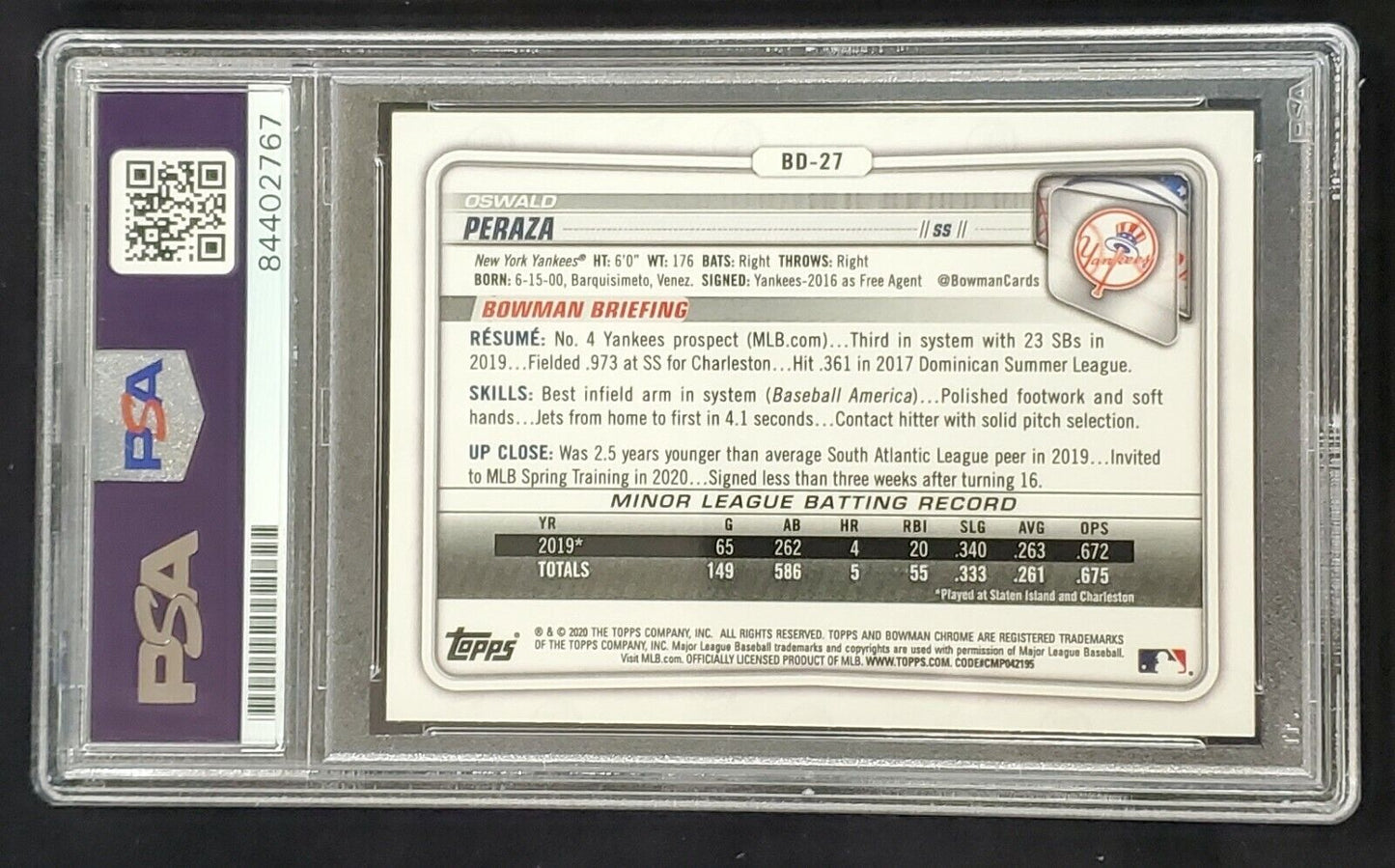 MVP Authentics Oswald Peraza Autographed Topps Bowman Yankees Chrome Bd-27 Psa Slabbed 247.50 sports jersey framing , jersey framing