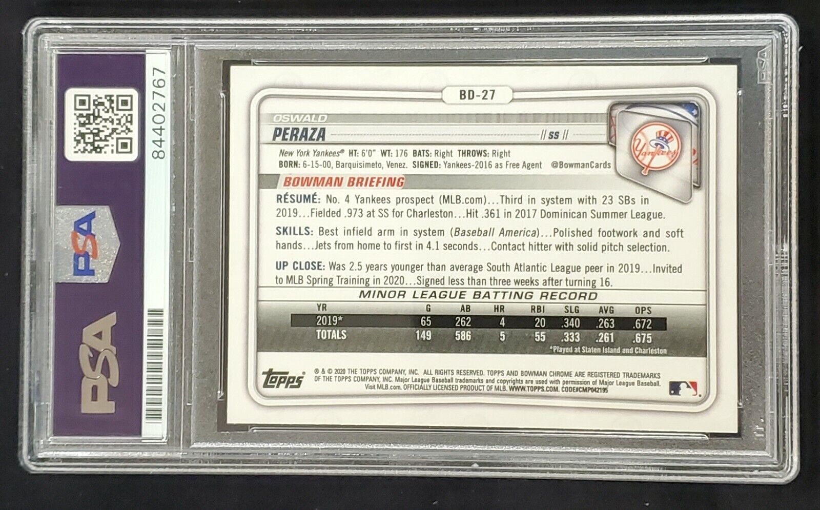 MVP Authentics Oswald Peraza Autographed Topps Bowman Yankees Chrome Bd-27 Psa Slabbed 247.50 sports jersey framing , jersey framing