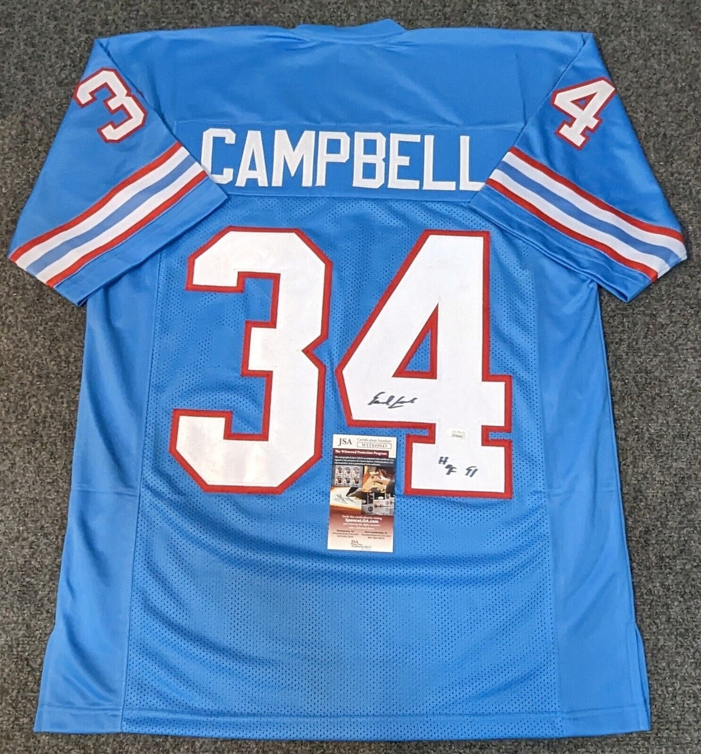 EARL CAMPBELL AUTOGRAPHED HOUSTON OILERS STAT JERSEY AASH