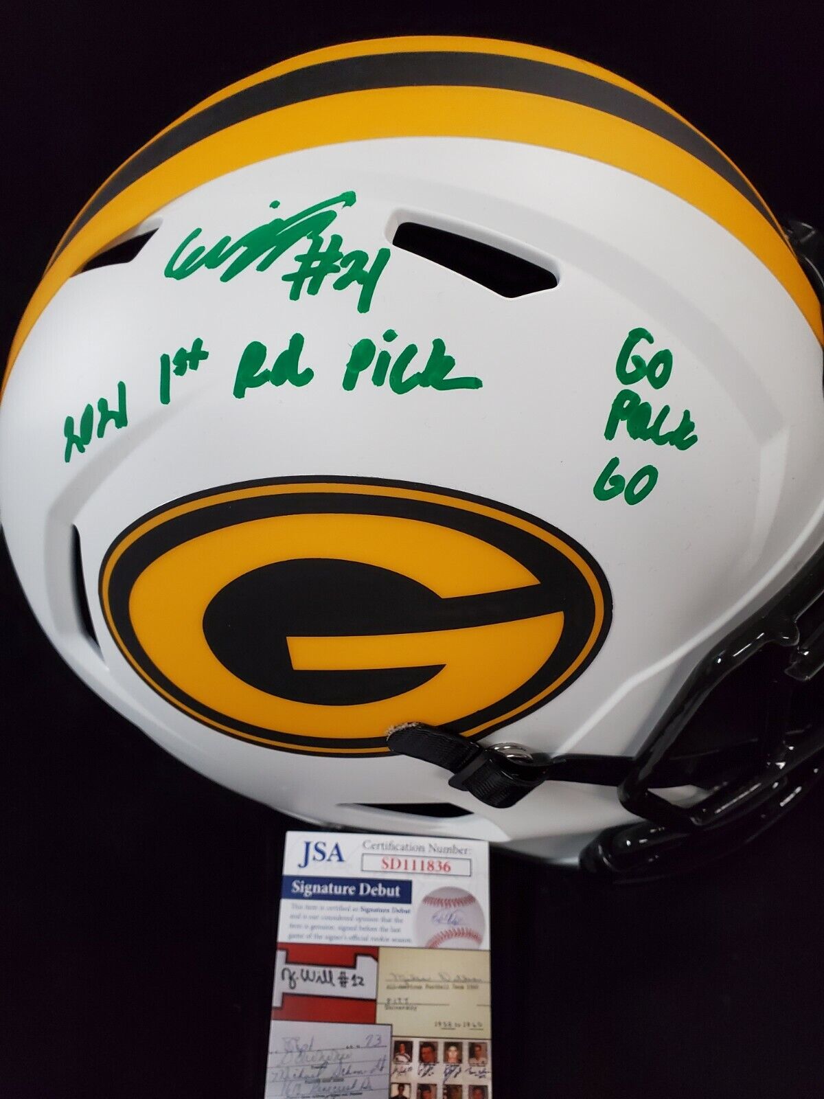 MVP Authentics Green Bay Packers Eric Stokes Signed 2X Insc F/S Lunar Replica Helmet Jsa Coa 274.50 sports jersey framing , jersey framing